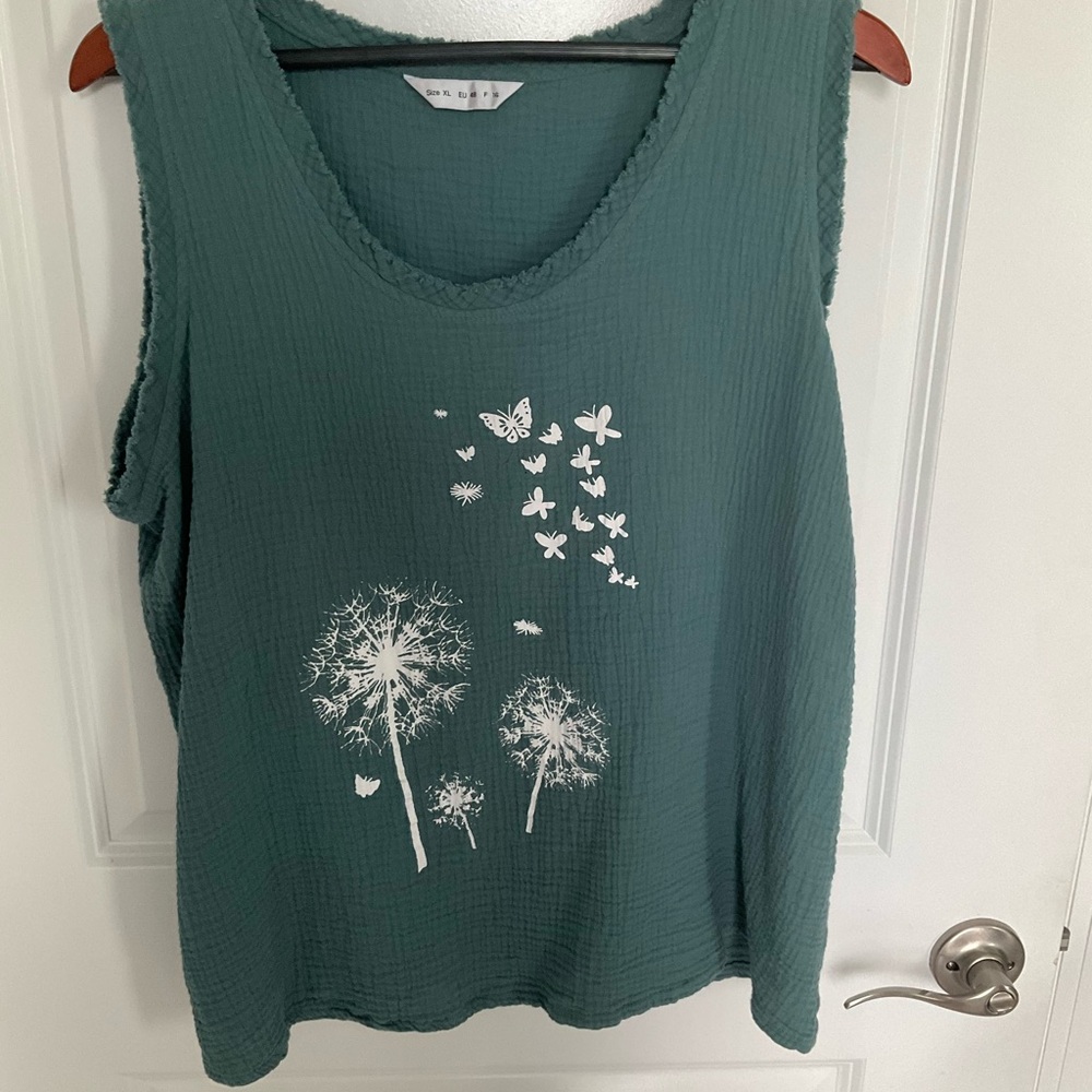 Teal Tank Top with Dandelion and Butterfly Design xl